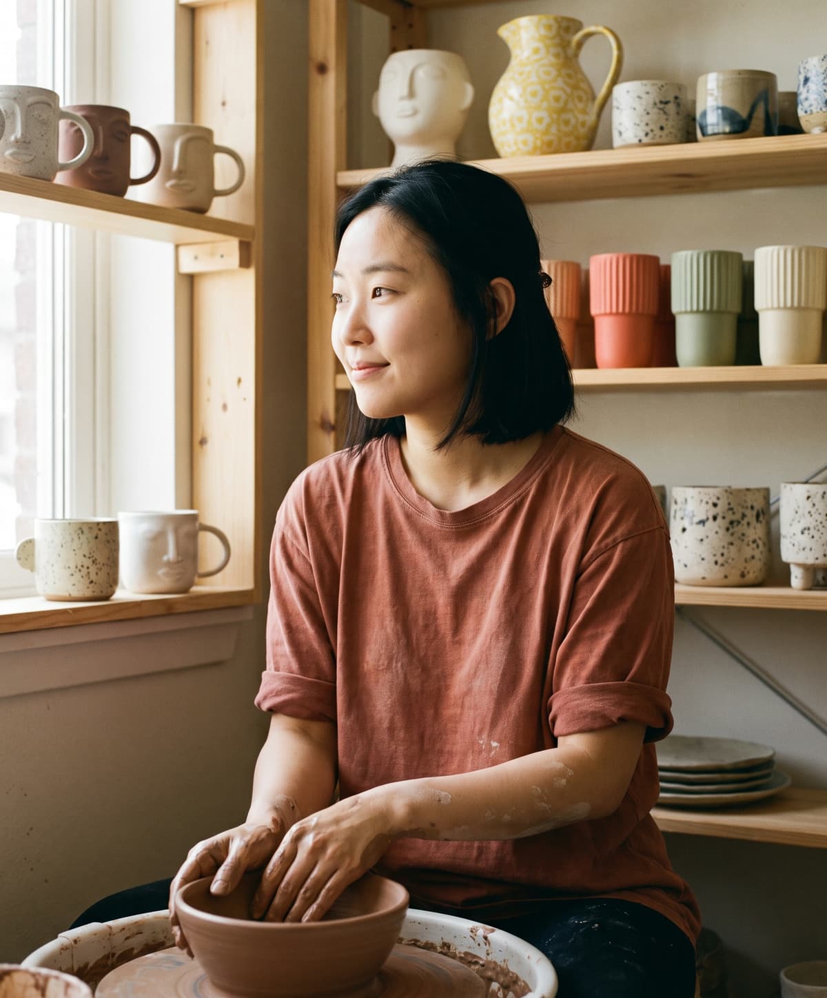 A potter at her wheel in a studio of shelves and mugs