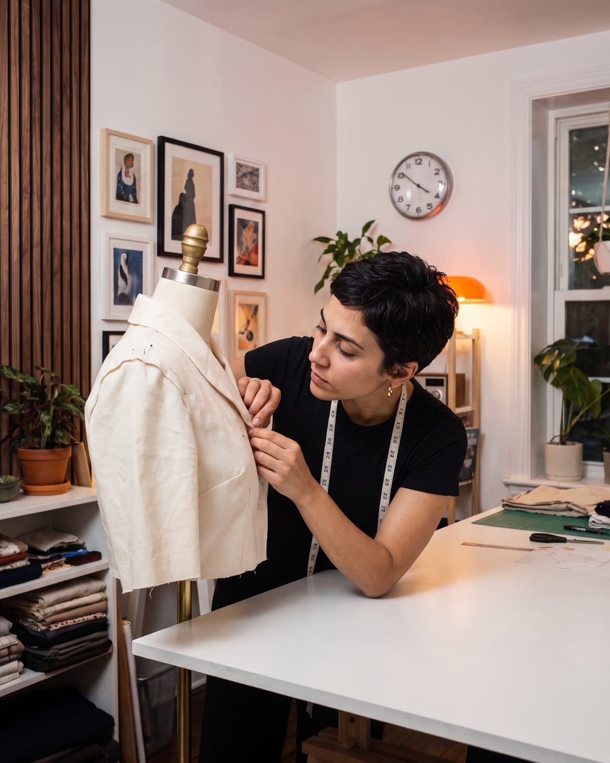 A tailor pinning a jacket on a dress form in her studio