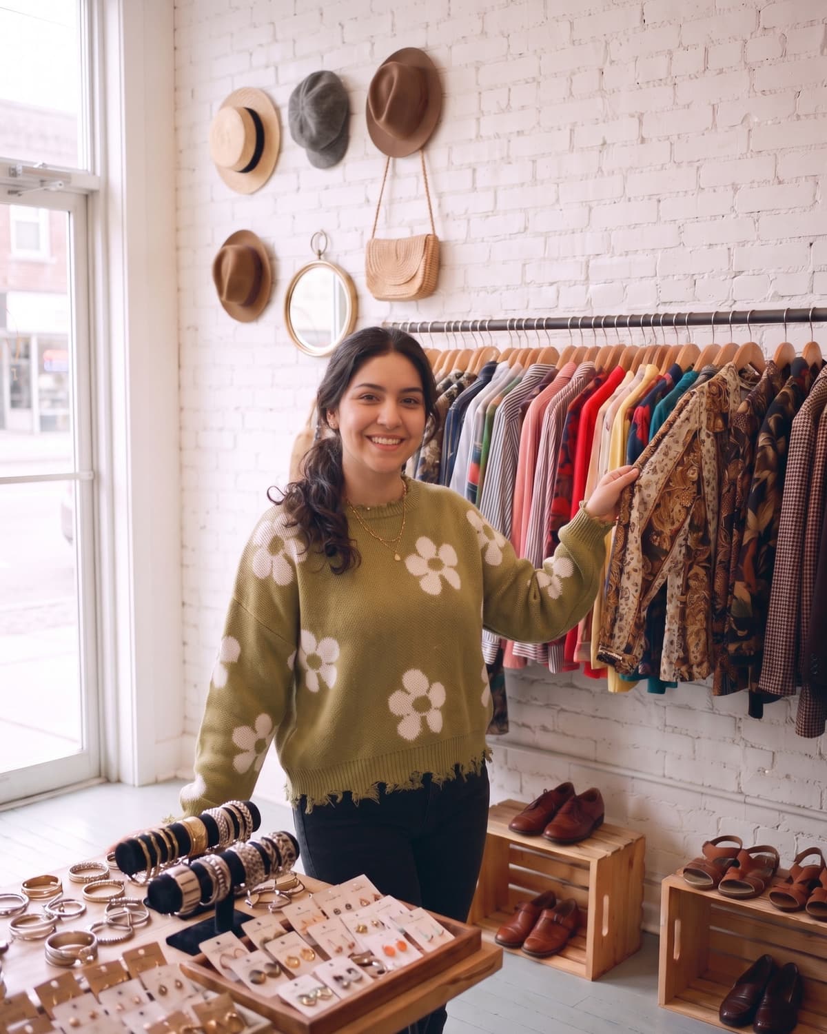A vintage shop owner beside her rail of jackets