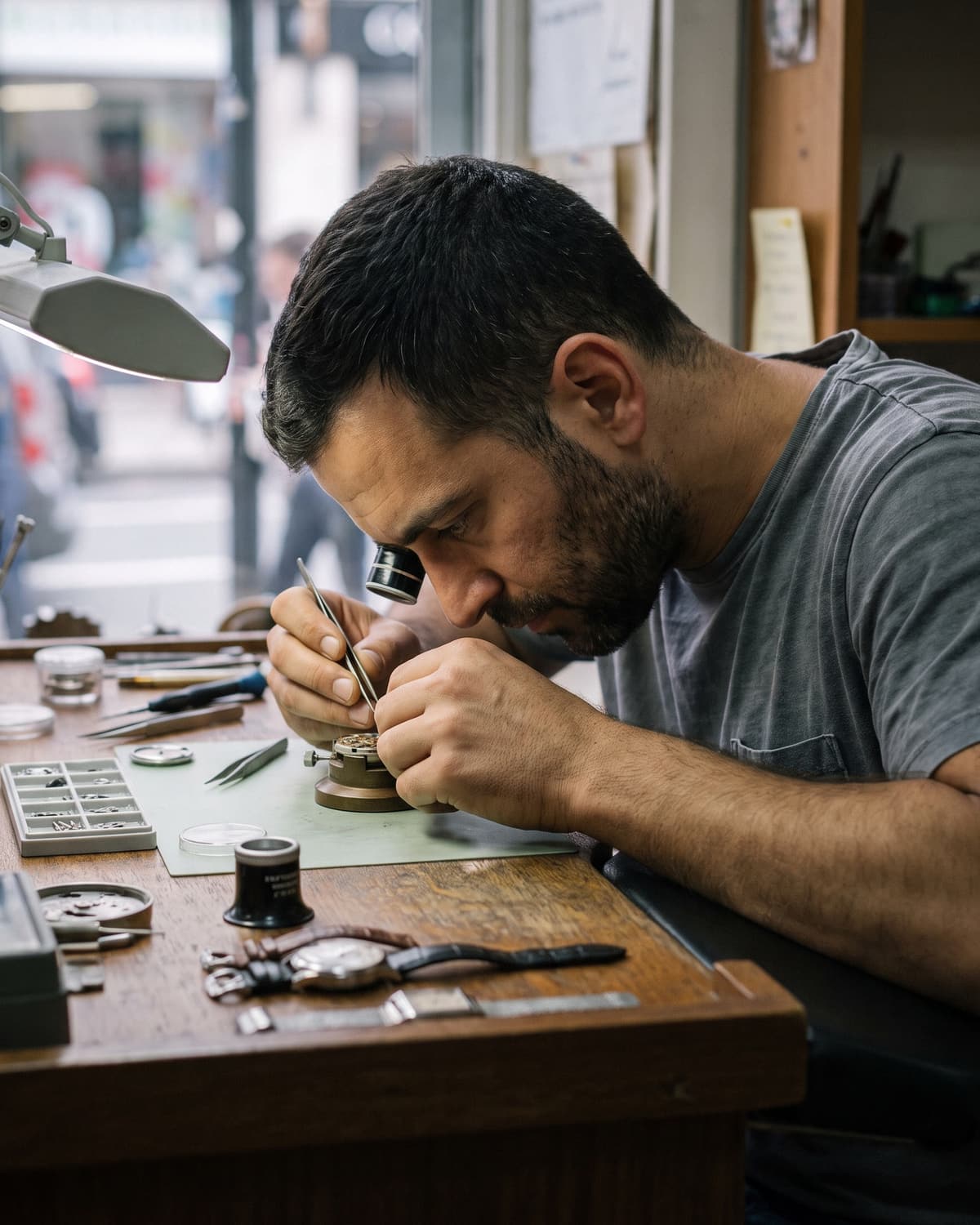 A watchmaker at his bench, working on a movement with tweezers
