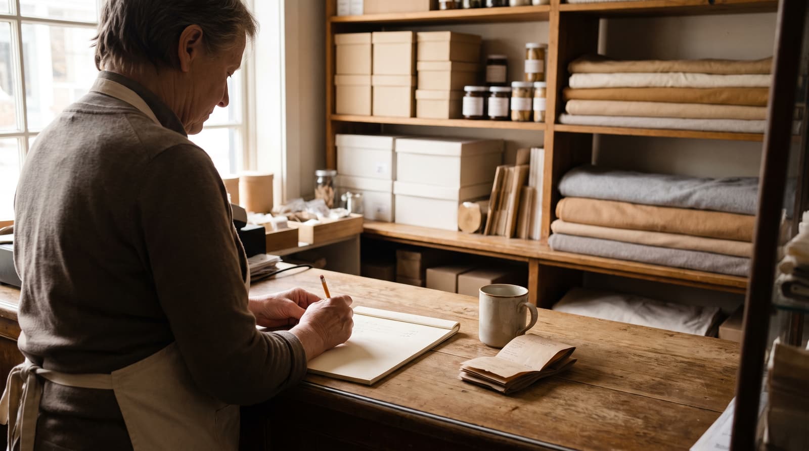 An apron-wearing person writes with a pencil on a notepad at a wooden shop counter, beside a mug and stacked papers, with shelves of boxes, jars and folded fabric behind.