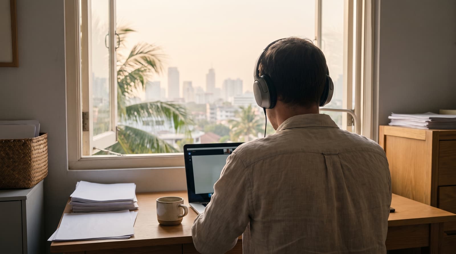 A person wearing headphones sits at a desk with a laptop, papers and a mug beside an open window overlooking palm fronds and city buildings.