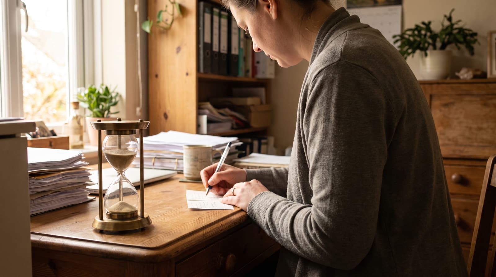 A woman writes on a small sheet of paper at a wooden desk beside a brass hourglass, with daylight entering through a side window.