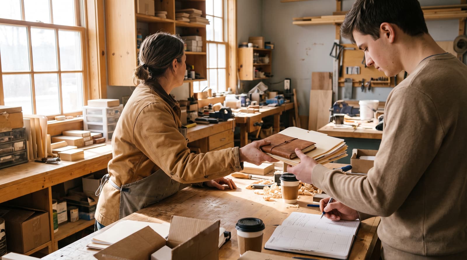 An apron-wearing woman looks back into a workshop while handing folders and a leather notebook to a man writing in an open planner.