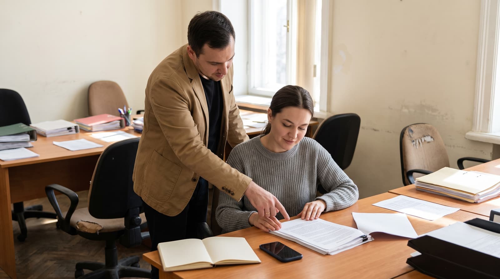 A standing man leans over a seated woman and points at printed papers on a wooden desk beside an open notebook and a phone.