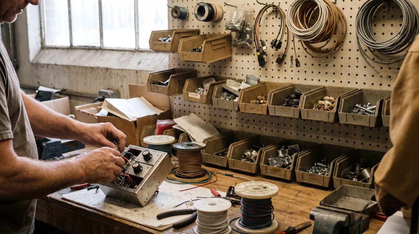 A person connects wires inside a metal control box on a workbench beneath a pegboard holding parts bins and coiled cables.
